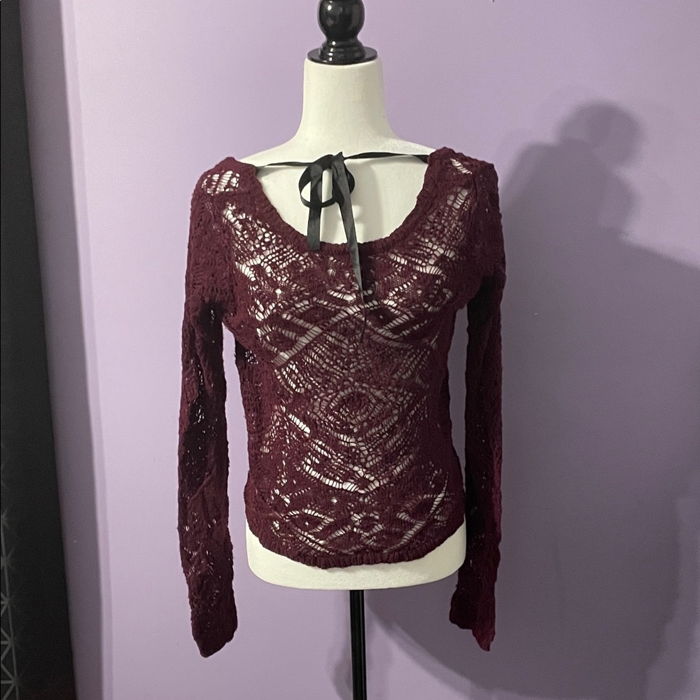Dynamite Deep Burgundy Lace Blouse with Black Tie Up Accent